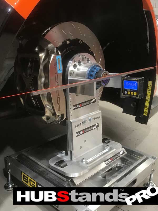 ProHUBStands brand hub stands and alignment equipment on a Porsche GT 3 Cup